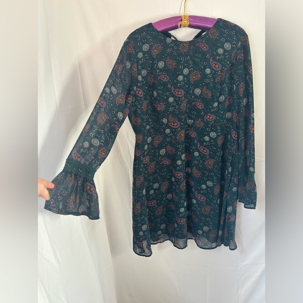 70s Inspired Teal Paisley‎ Crochet Bell Sleeve Modest Midi Spring Dress Size XL